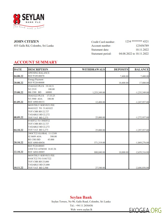 Relevé bancaire Sri Lanka Seylan xls